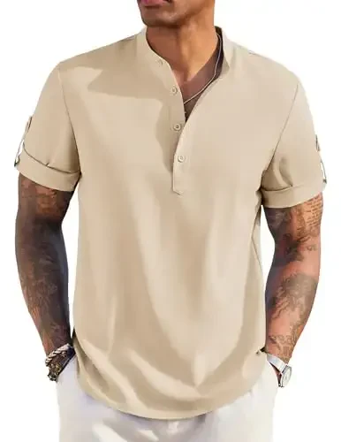 COOFANDY erkaklar kundalik Henley ko'ylagi qisqa yengli yoqali zig'ir ko'ylak yozgi plyaj hippi futbolkalari - MODAZONE