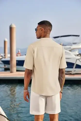 COOFANDY erkaklar kundalik Henley ko'ylagi qisqa yengli yoqali zig'ir ko'ylak yozgi plyaj hippi futbolkalari - 4