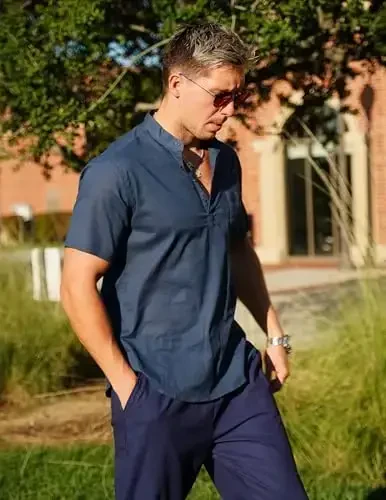 COOFANDY erkaklar paxta zig'ir Henley ko'ylagi qisqa yengli hippi kundalik plyaj futbolkalari cho'ntakli - 2