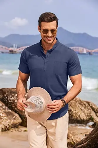 COOFANDY erkaklar paxta zig'ir Henley ko'ylagi qisqa yengli hippi kundalik plyaj futbolkalari cho'ntakli - 6