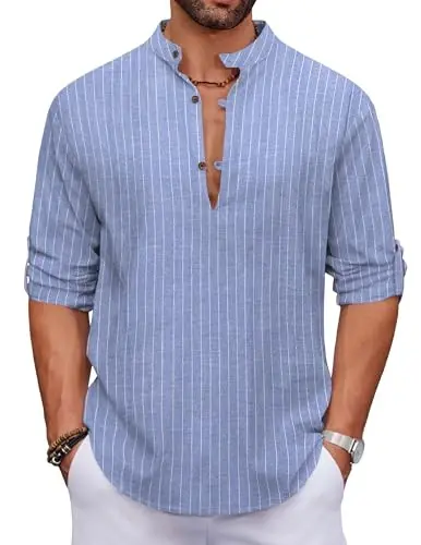 COOFANDY Men's Cotton Linen Henley Shirt Casual Beach Hippie Shirts Long Sleeve T-Shirts - 10