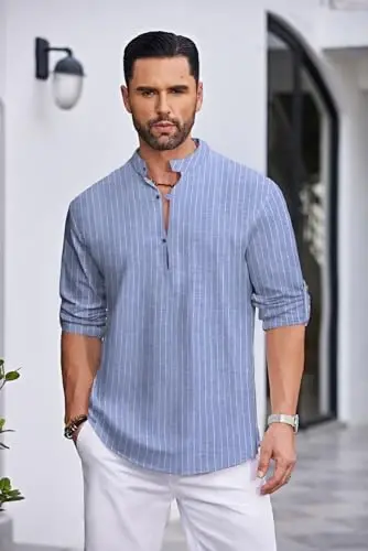 COOFANDY Men's Cotton Linen Henley Shirt Casual Beach Hippie Shirts Long Sleeve T-Shirts - COOFANDY (1)