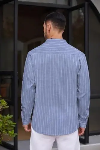 COOFANDY Men's Cotton Linen Henley Shirt Casual Beach Hippie Shirts Long Sleeve T-Shirts - 4