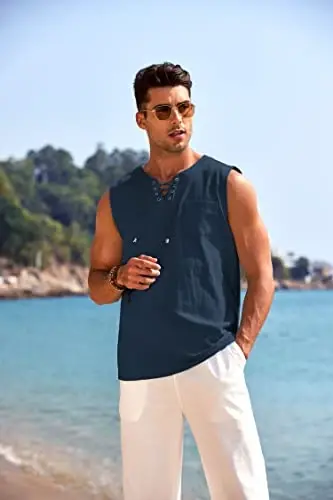 COOFANDY erkaklar paxta zig'ir tank top ko'ylaklari Kundalik yengsiz bog'ichli plyaj hippi toplari Bogemcha Uyg'onish davri qaroqchi tunikasi - 2