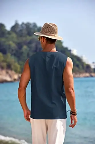 COOFANDY erkaklar paxta zig'ir tank top ko'ylaklari Kundalik yengsiz bog'ichli plyaj hippi toplari Bogemcha Uyg'onish davri qaroqchi tunikasi - 3