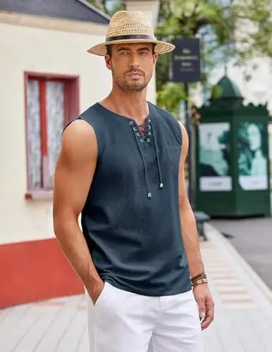 COOFANDY erkaklar paxta zig'ir tank top ko'ylaklari Kundalik yengsiz bog'ichli plyaj hippi toplari Bogemcha Uyg'onish davri qaroqchi tunikasi - 5