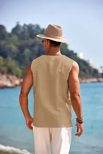 COOFANDY erkaklar paxta zig'ir tank top ko'ylaklari kundalik yengsiz bog'ichli plyaj hippi toplari Bogemiya Uyg'onish davri qaroqchi tunikasi - 3