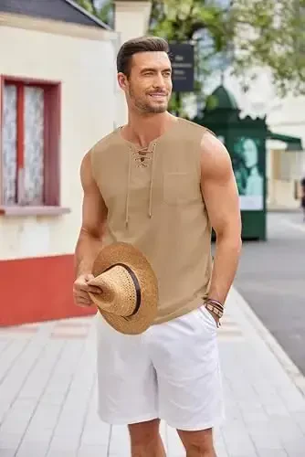 COOFANDY erkaklar paxta zig'ir tank top ko'ylaklari kundalik yengsiz bog'ichli plyaj hippi toplari Bogemiya Uyg'onish davri qaroqchi tunikasi - 5