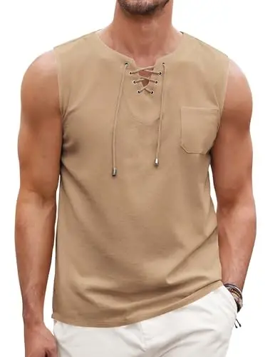 COOFANDY erkaklar paxta zig'ir tank top ko'ylaklari kundalik yengsiz bog'ichli plyaj hippi toplari Bogemiya Uyg'onish davri qaroqchi tunikasi - 1