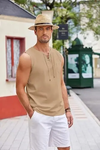 COOFANDY erkaklar paxta zig'ir tank top ko'ylaklari kundalik yengsiz bog'ichli plyaj hippi toplari Bogemiya Uyg'onish davri qaroqchi tunikasi - 4