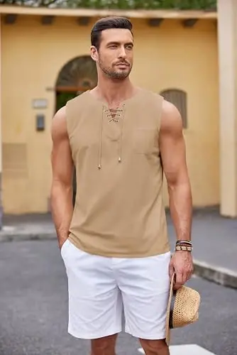 COOFANDY erkaklar paxta zig'ir tank top ko'ylaklari kundalik yengsiz bog'ichli plyaj hippi toplari Bogemiya Uyg'onish davri qaroqchi tunikasi - 6