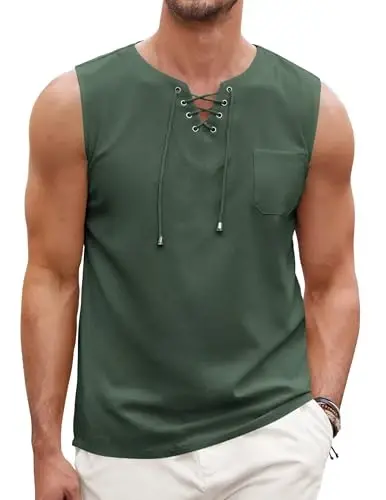 COOFANDY erkaklar paxta zig'ir tank top ko'ylaklari tasodifiy yengsiz bog'ichli plyaj hippi toplari Bogem Renessans qaroqchi tunikasi - 1