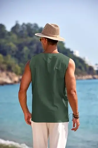 COOFANDY erkaklar paxta zig'ir tank top ko'ylaklari tasodifiy yengsiz bog'ichli plyaj hippi toplari Bogem Renessans qaroqchi tunikasi - 3