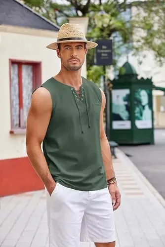 COOFANDY erkaklar paxta zig'ir tank top ko'ylaklari tasodifiy yengsiz bog'ichli plyaj hippi toplari Bogem Renessans qaroqchi tunikasi - 5