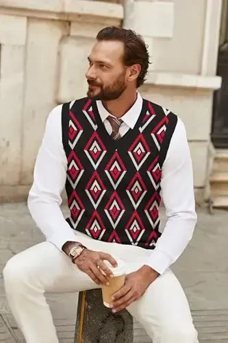 COOFANDY Erkaklar Sviteri Jilet V Bo'yin Yengsiz Sviter Slim Fit Kundalik Trikotaj Pulover Sviter - 3