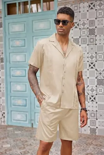 COOFANDY Erkaklar uchun 2 qismli kalta to'plam Guayabera tugmachali ko'ylak kundalik yozgi пляж kiyimlari - 4