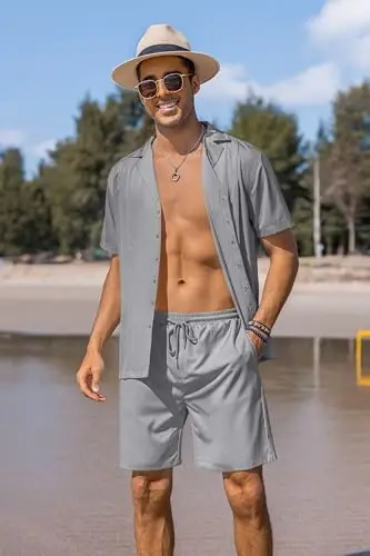 COOFANDY Erkaklar uchun 2 qismli kalta to'plam Guayabera tugmali ko'ylak kundalik yozgi пляж kiyimlari - 3