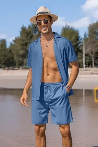 COOFANDY Erkaklar uchun 2 qismli kaltaklar to‘plami Guayabera tugmali ko‘ylak kundalik yozgi plyaj kiyimlari - 3