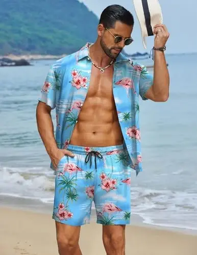 COOFANDY Erkaklar uchun Gavayi mos keladigan to'plami Yozgi plyaj 2 qismli kiyim gulli tugmali ko'ylaklar va kaltak shimlar dam olish kiyimlari - 2
