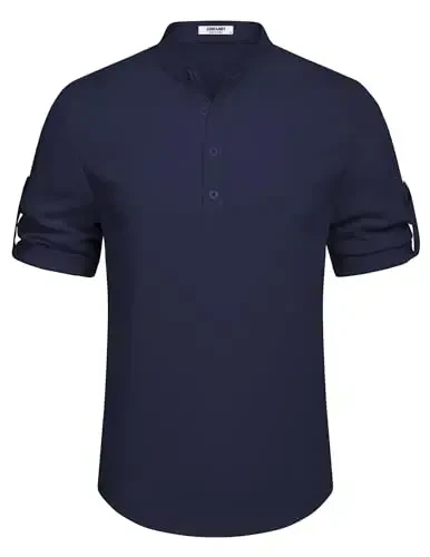 COOFANDY erkaklar uchun kundalik Henley ko'ylagi Band yoqali qisqa yengli ko'ylak Yozgi plyaj hippi futbolka - 6