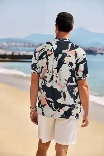 COOFANDY Erkaklar uchun kundalik Henley ko'ylagi Band yoqali qisqa yengli ko'ylak Yozgi plyaj hippi futbolkasi - 3