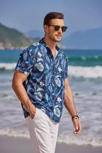 COOFANDY Erkaklar uchun kundalik Henley ko'ylagi Band yoqali qisqa yengli ko'ylak Yozgi plyaj hippi futbolkasi - 3