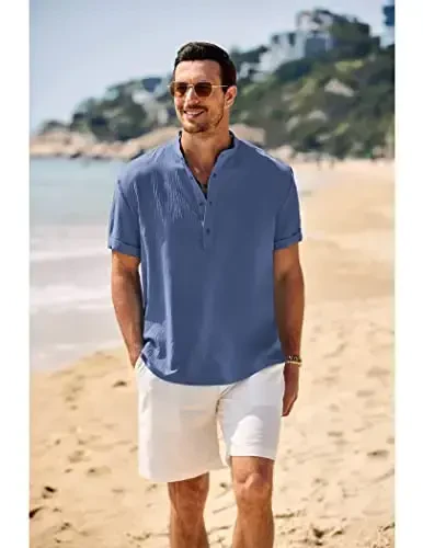 COOFANDY Erkaklar uchun kundalik Henley ko'ylagi Band yoqali qisqa yengli ko'ylak Yozgi plyaj hippi futbolkasi - 2