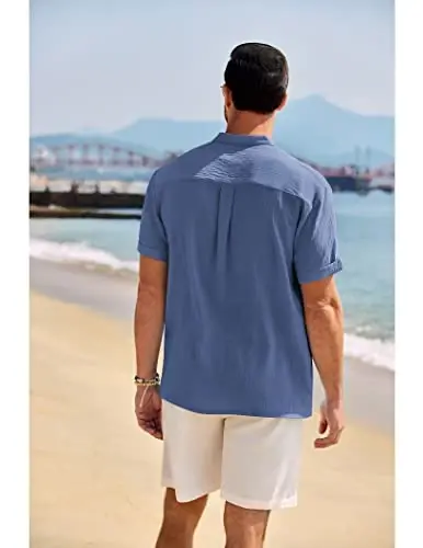 COOFANDY Erkaklar uchun kundalik Henley ko'ylagi Band yoqali qisqa yengli ko'ylak Yozgi plyaj hippi futbolkasi - 8