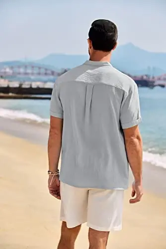 COOFANDY Erkaklar uchun kundalik Henley ko'ylagi Band yoqali qisqa yengli ko'ylak Yozgi plyaj hippi futbolkasi - 3