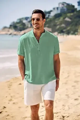 COOFANDY erkaklar uchun kundalik Henley ko'ylagi Band yoqali qisqa yengli ko'ylak Yozgi plyaj Hippie futbolka - COOFANDY (1)