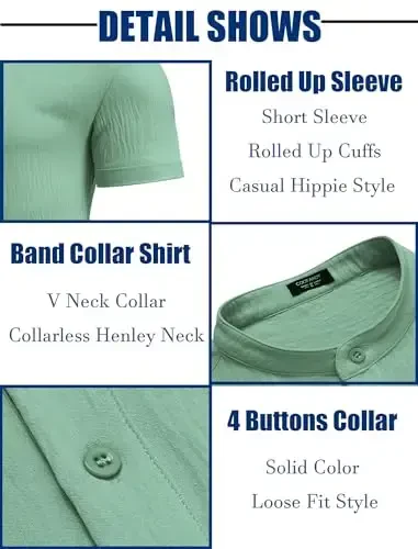 COOFANDY erkaklar uchun kundalik Henley ko'ylagi Band yoqali qisqa yengli ko'ylak Yozgi plyaj Hippie futbolka - 5