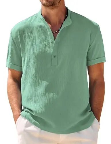 COOFANDY erkaklar uchun kundalik Henley ko'ylagi Band yoqali qisqa yengli ko'ylak Yozgi plyaj Hippie futbolka 