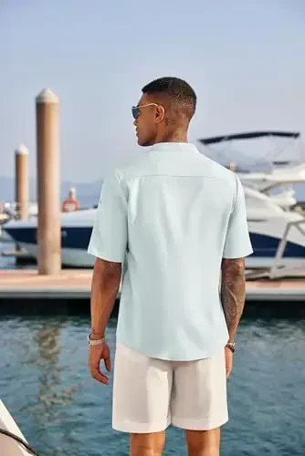 COOFANDY erkaklar uchun kundalik Henley ko'ylagi qisqa yengli yoqali zig'ir ko'ylak yozgi plyaj hippi futbolkalari - 3