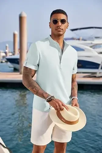 COOFANDY erkaklar uchun kundalik Henley ko'ylagi qisqa yengli yoqali zig'ir ko'ylak yozgi plyaj hippi futbolkalari - 4