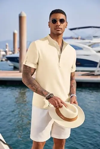 COOFANDY erkaklar uchun kundalik Henley ko'ylagi qisqa yengli yoqali zig'ir ko'ylak yozgi plyaj hippi futbolkalari - 4