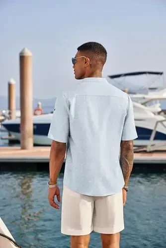 COOFANDY erkaklar uchun kundalik Henley ko'ylagi qisqa yengli yoqali zig'ir ko'ylak yozgi plyaj hippi futbolkalari - 3