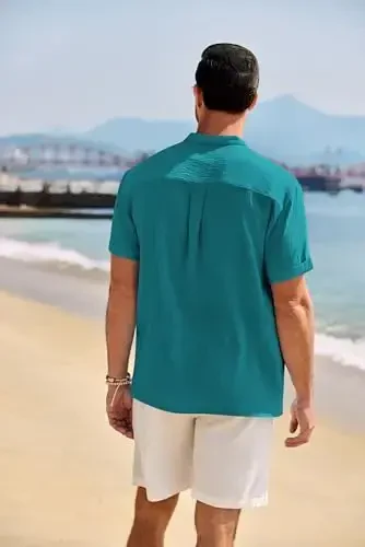 COOFANDY erkaklar uchun kundalik Henley ko'ylagi tasma yoqali qisqa yengli ko'ylak yozgi plyaj hippi futbolkasi - 3