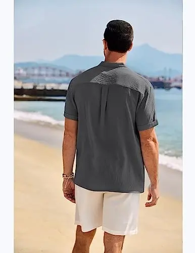COOFANDY Erkaklar uchun kundalik Henley ko'ylak Band yoqali qisqa yengli ko'ylak Yozgi plyaj hippi futbolka - 3