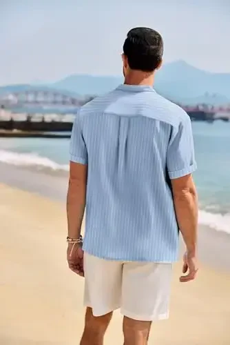 COOFANDY erkaklar uchun kundalik Henley ko'ylak band yoqali qisqa yengli ko'ylak yozgi plyaj hippi futbolka - 3