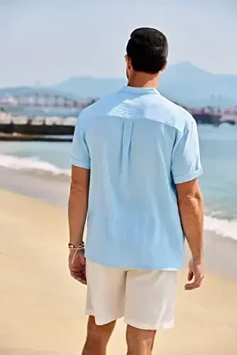 COOFANDY Erkaklar kundalik Henley ko'ylagi Band yoqali qisqa yengli ko'ylak Yozgi plyaj hippi futbolka - 3