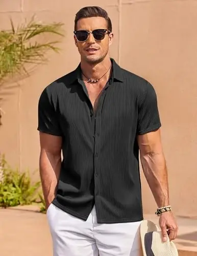 COOFANDY erkaklar uchun kundalik ko'ylaklar Qisqa yengli tugmachali ko'ylak erkaklar uchun to'y plyaj moda ko'ylagi - 3