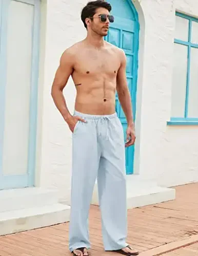 COOFANDY Erkaklar uchun kundalik zig'ir shimlar Elastik bel zig'ir shimlar Bog'ichli yozgi plyaj Yoga zig'ir shimlari - 3