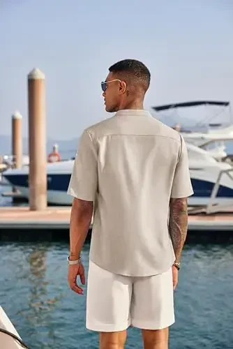 COOFANDY erkaklar uchun oddiy Henley ko'ylagi yoqasiz qisqa yengli ko'ylak yozgi plyaj hippi futbolkasi - 4