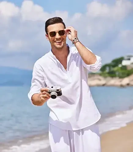 COOFANDY erkaklar uchun paxta zig'ir Henley futbolkalari uzun qisma hippi tasodifiy plyaj futbolkalari - 4