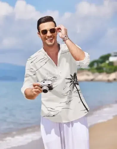 COOFANDY erkaklar uchun paxta zig'ir Henley futbolkasi uzun qisma hippi kundalik plyaj futbolkalari - 4