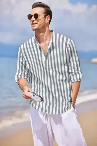 COOFANDY erkaklar uchun paxta zig'ir Henley futbolkasi uzun qisma hippi kundalik plyaj futbolkalari - 4