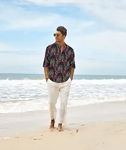 COOFANDY Men's Cotton Linen Henley T-Shirt Long Sleeve Hippie Casual Beach T-Shirts - 5