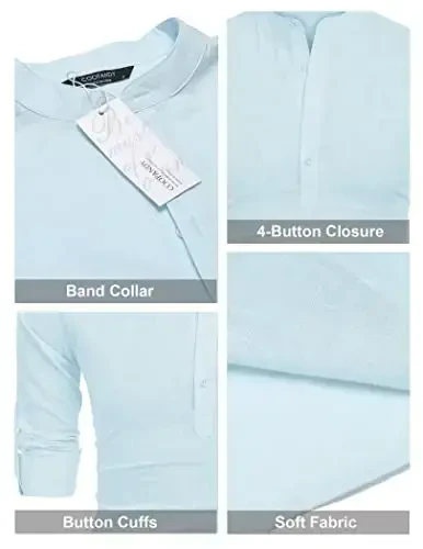 COOFANDY Erkaklar uchun paxta zig'ir Henley futbolkasi uzun qisma hippi tasodifiy plyaj futbolkalari - 5