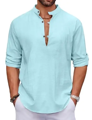COOFANDY erkaklar uchun paxta zig'ir Henley ko'ylagi Casual Beach Hippie ko'ylaklari uzun qisma futbolkalar - 1