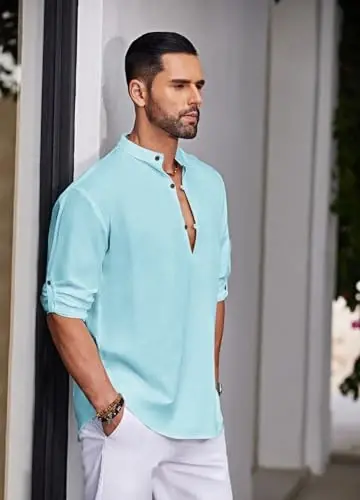 COOFANDY erkaklar uchun paxta zig'ir Henley ko'ylagi Casual Beach Hippie ko'ylaklari uzun qisma futbolkalar - 3